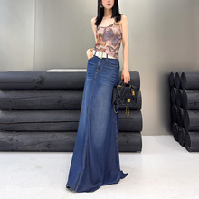杨杨 深蓝色天丝牛仔半身裙女夏季柔软高个子加长a字及踝拖地长裙
