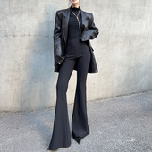 女春秋立体裁剪显瘦显腿长垂感拖地长裤 杨杨 黑色弹力喇叭休闲裤