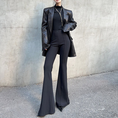 黑色弹力喇叭休闲裤垂感拖地长裤