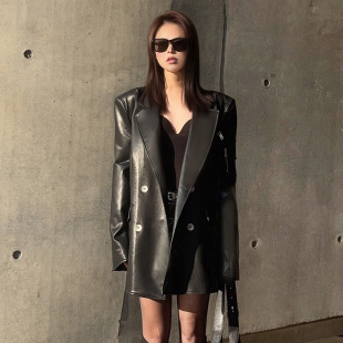 口拉链宽松PU皮西服 外套女春秋高级感袖 杨杨 黑色廓形皮衣西装