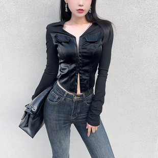 勾扣开衫 杨杨 上衣 修身 黑色短款 v字翻领拼接收腰皮衬衫 女2025秋季