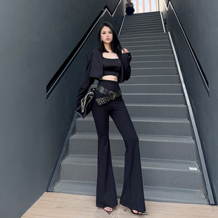 杨杨 微喇叭休闲裤 女2026春夏高腰显瘦马蹄长裤 铆钉宽腰带修身