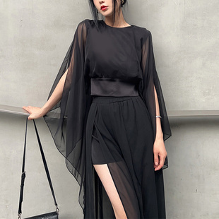 黑色不规则雪纺衬衫女收腰开叉设计感小众飘逸仙气上衣薄款防晒衫