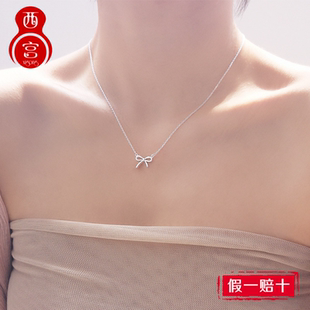 s925纯银项链女可爱镂空蝴蝶结小清新镀白金套链锁骨链礼物首饰品