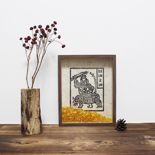 手工木刻版画财神之神一夜暴富