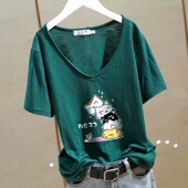 t恤女2025夏季 新款 宽松大码 纯棉V领短袖 百搭内搭打底体恤衫 上衣潮