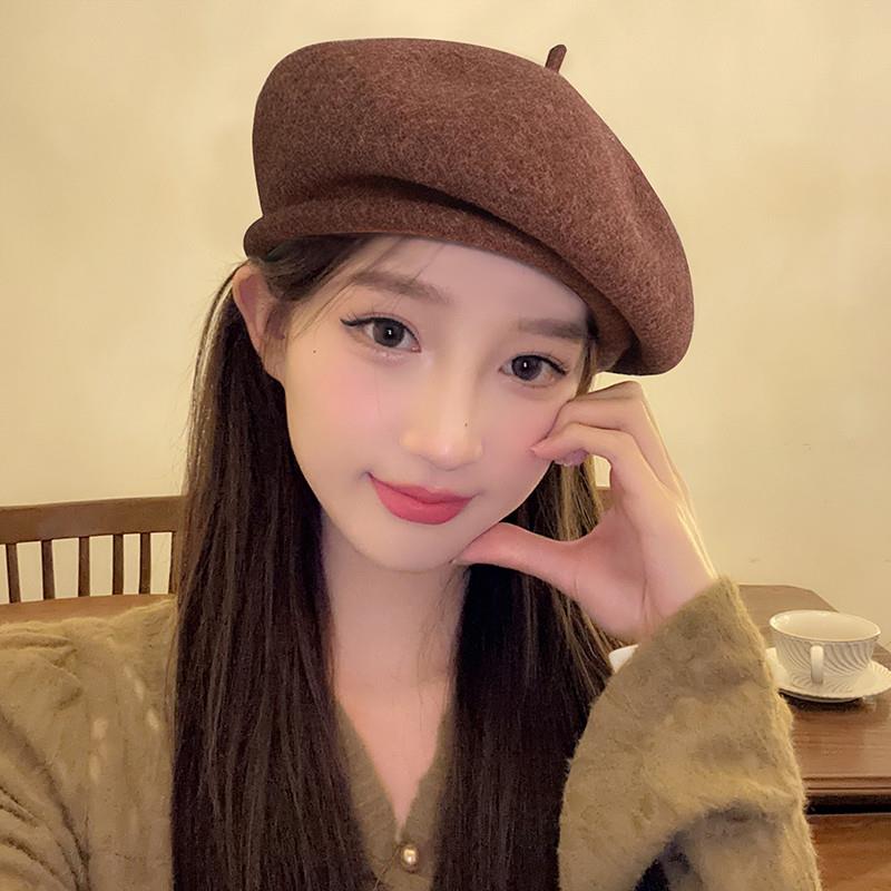 两戴帽卷边美拉德咖色立体加厚羊毛贝雷帽女秋冬修饰脸型百搭帽子