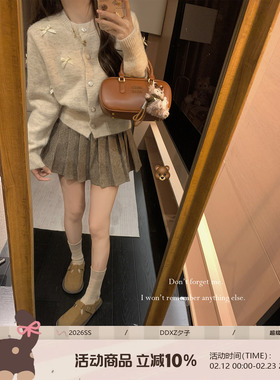 DDXZ夕子 韩系百搭蝴蝶结针织衫小香风千金风开衫miu系灰色毛衣女