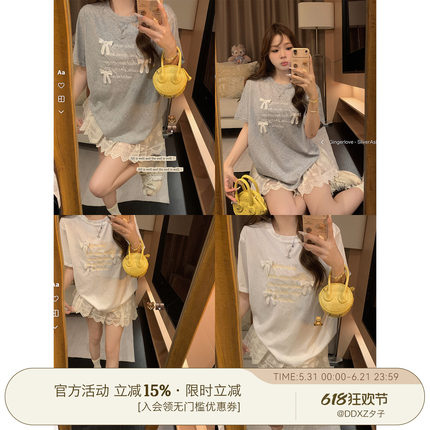 DDXZ夕子 甜美设计感蕾丝蝴蝶结系带短袖简约字母时尚减龄圆领T恤