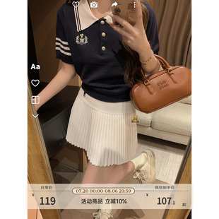 女气质减龄polo衫 DDXZ夕子学院风徽章三条杠针织短袖 撞色翻领上衣