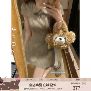 显气质撞色短裙 连衣裙修身 DDXZ夕子美式 复古风娃娃领系带格子短袖