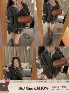 DDXZ夕子 高级慵懒风灰色拼接学院风V领开衫针织杠条毛衣外套女