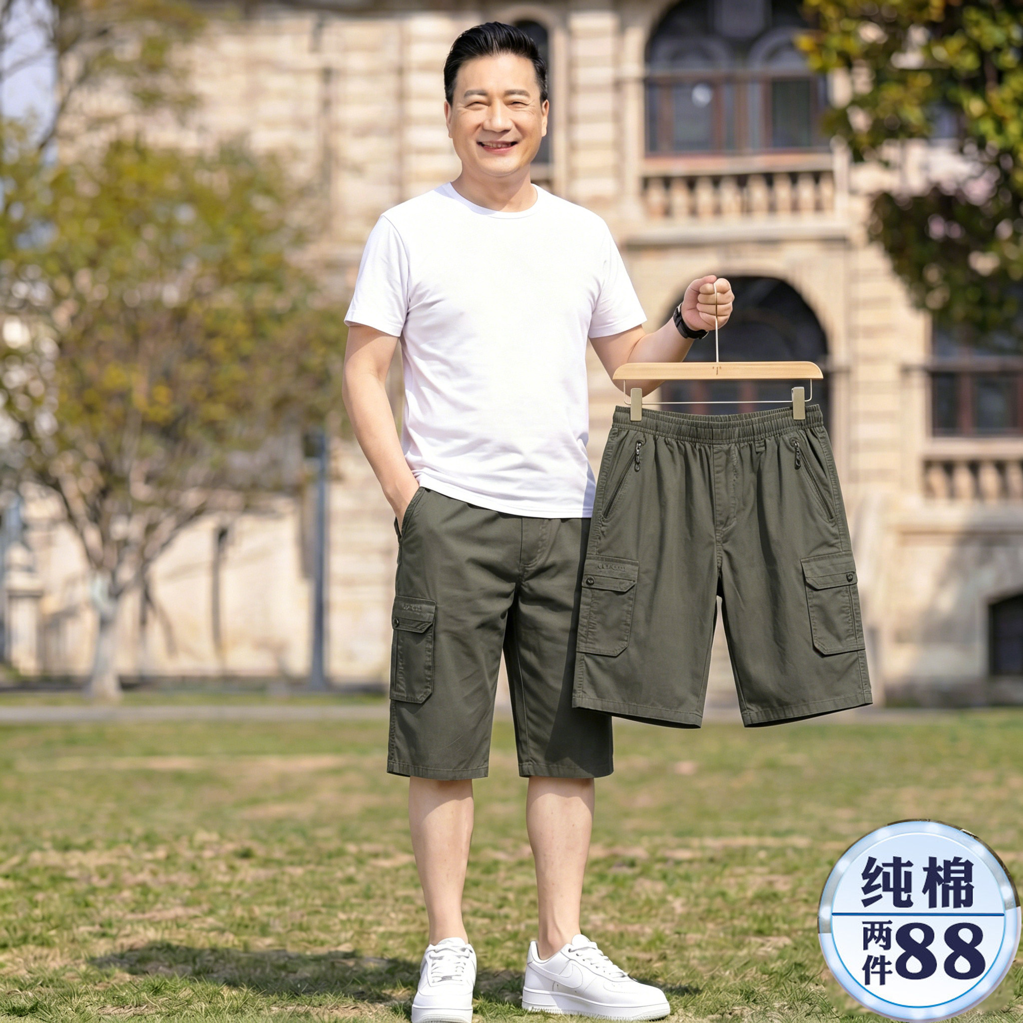 爸爸短裤男夏季外穿七分裤中老年人宽松休闲大码纯棉大裤衩中裤子图片