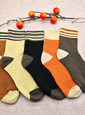 Q033厚袜子女冬季毛圈中筒袜加绒保暖条纹运动防臭加厚毛巾袜女士