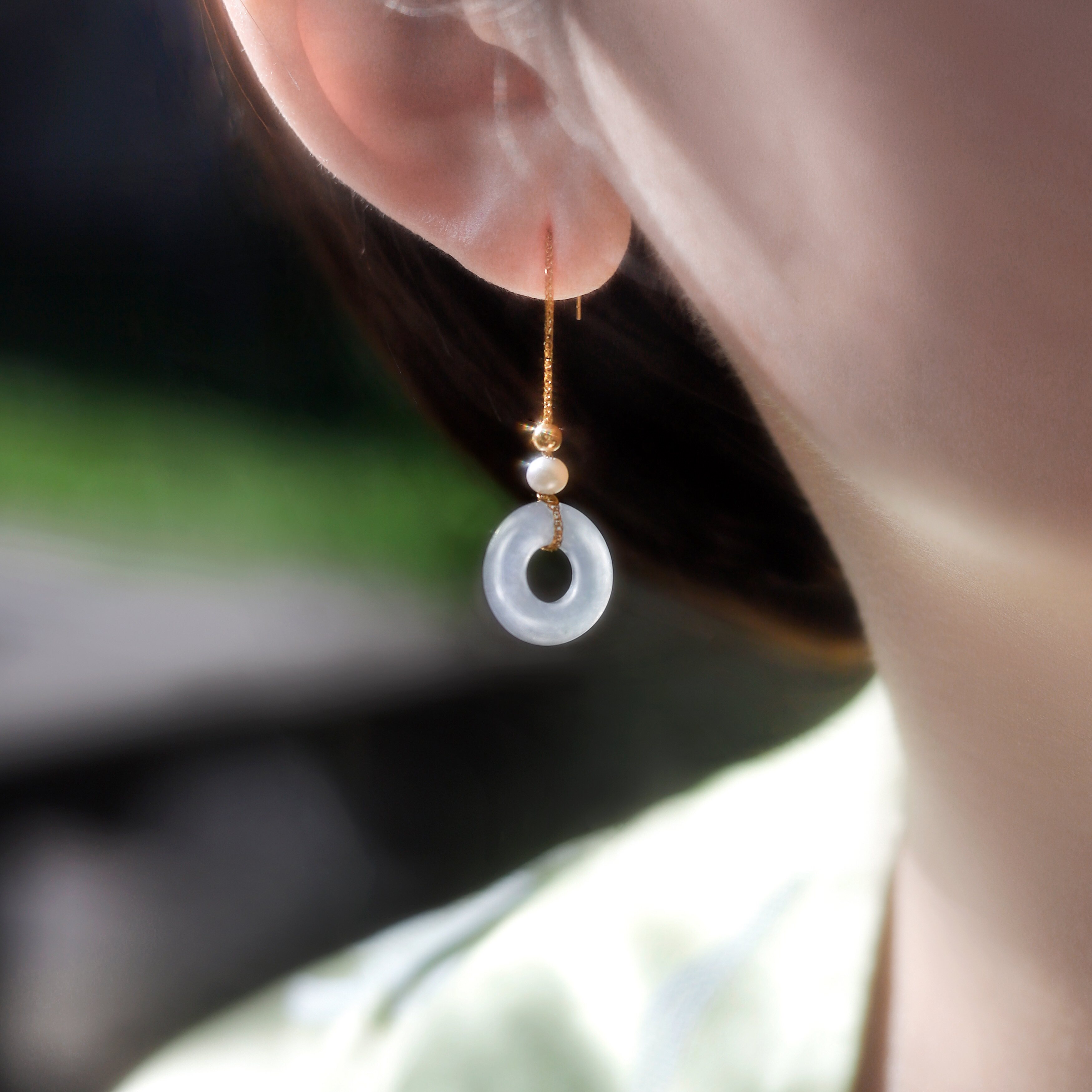 天然翡翠缅甸A货白冰甜甜圈平安扣18k金高冰种玉石耳饰耳坠耳线