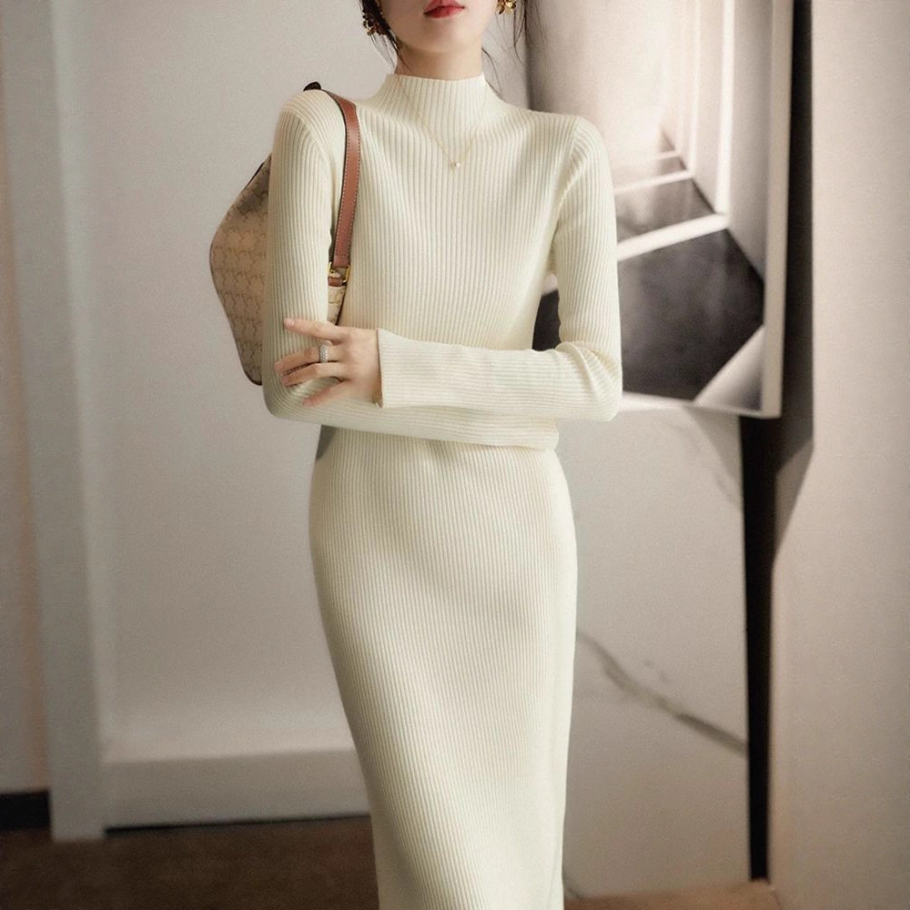 修身内搭打底长袖针织连衣裙子2025秋冬季配大衣的半高领毛衣裙女