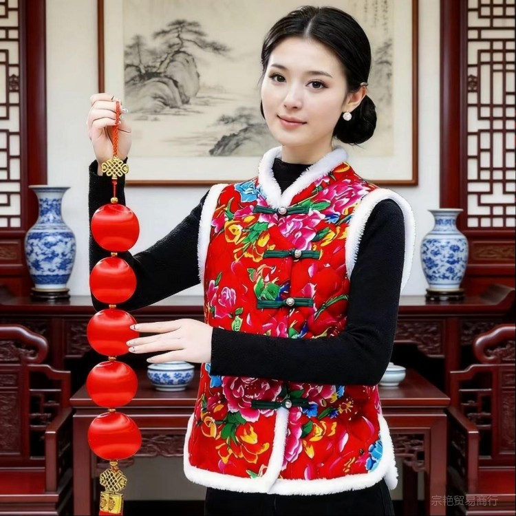 东北大花棉袄马甲民族复古坎肩女马夹
