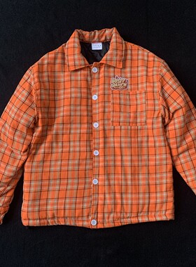 桔色橙色格子布棉服男士翻领夹棉上衣外套女春季美式复古运动夹克