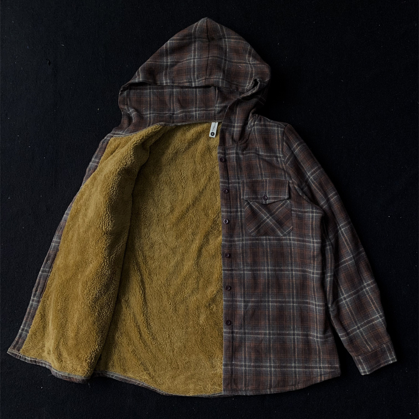 美式复古格子连帽衬衫男秋冬季加绒咖色格纹工装风宽松休闲外套女