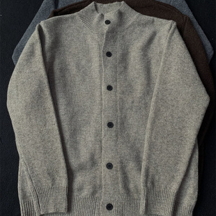 薄款驼色立领开衫毛衣男简约洗水毛线外套半高领打底外穿针织衫女