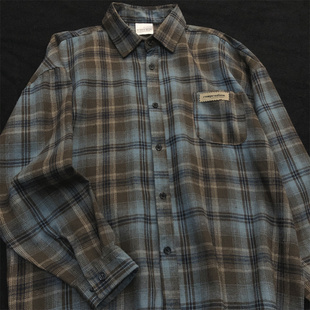 做旧扎染格子衬衫宽松情侣休闲风长袖衬衣男士蓝棕格子外套薄款潮