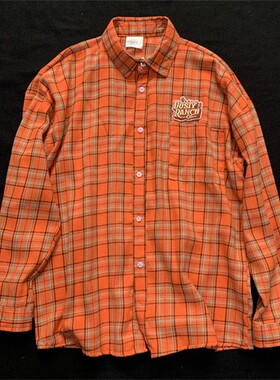 2026新款美式复古多巴胺格子衬衫男潮牌宽松桔色橙色衬衣女长袖潮