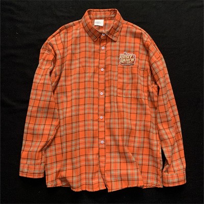 2025新款美式复古多巴胺格子衬衫男潮牌宽松桔色橙色衬衣女长袖潮