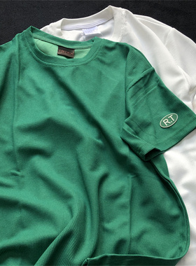 2025夏季新款袖章字母T恤华夫格情侣短袖t恤男女宽松白色体恤衫潮