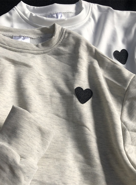 秋季圆领爱心刺绣打底衫女宽松灰色白色T恤卫衣男情侣装外套上衣