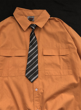 日系复古学院风短袖衬衫男女夏季宽松休闲百搭情侣橘色橙色衬衣男