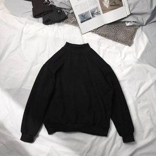 男生圆领上衣黑色衣服潮 日系复古半高领卫衣男春纯棉秋季 男士 新款