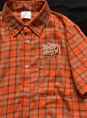 复古多巴胺刺绣字母橙色格子衬衫男生夏季宽松红色桔色短袖衬衣女