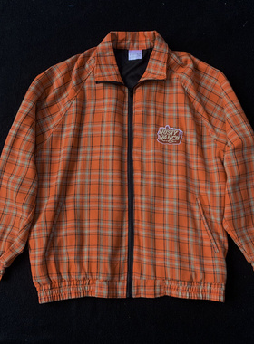 春季美式复古风格子布夹克男潮牌宽松薄款橙色桔色格纹拉链外套女