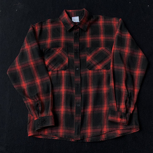 新款红黑色复古风格子衬衫男宽松长袖格纹衬衣女春季上衣薄款外套