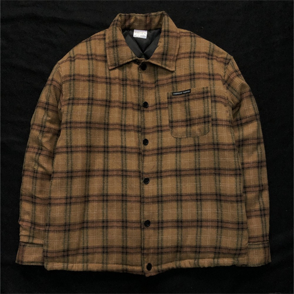 男生小众冬季外套男女宽松磨毛咖色慵懒风格子棉服棉衣薄款上衣潮