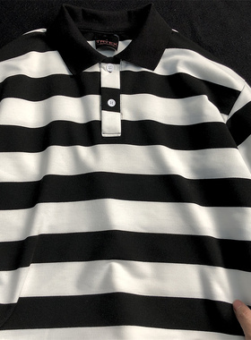 黑白条纹短袖polo衫男撞色拼色有领t恤男士夏季男生痞帅高端plol