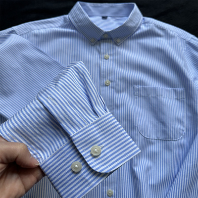 日系复古风条纹衬衫男生高级感蓝色长袖竖条纹衬衣男上衣薄款外套