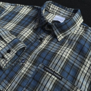 TRYEX 新款高级感格子衬衫男时尚宽松工装风青年蓝色衬衣外套上衣