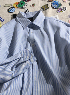 春秋蓝条纹牛仔衬衫设计感高级男生蓝色外套女男女同款衬衣男