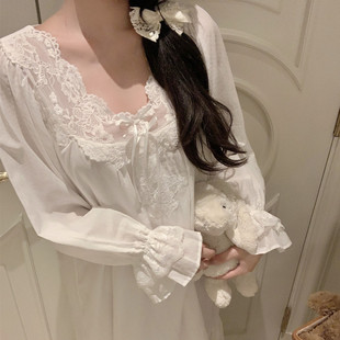 欧若拉睡衣女【白栀山茶】春秋季针织纯棉长袖精致蕾丝中长款睡裙