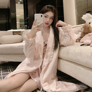 法兰绒睡袍 欧若拉睡衣女 粉黛佳人 冬日甜美优雅法式 千金中长款