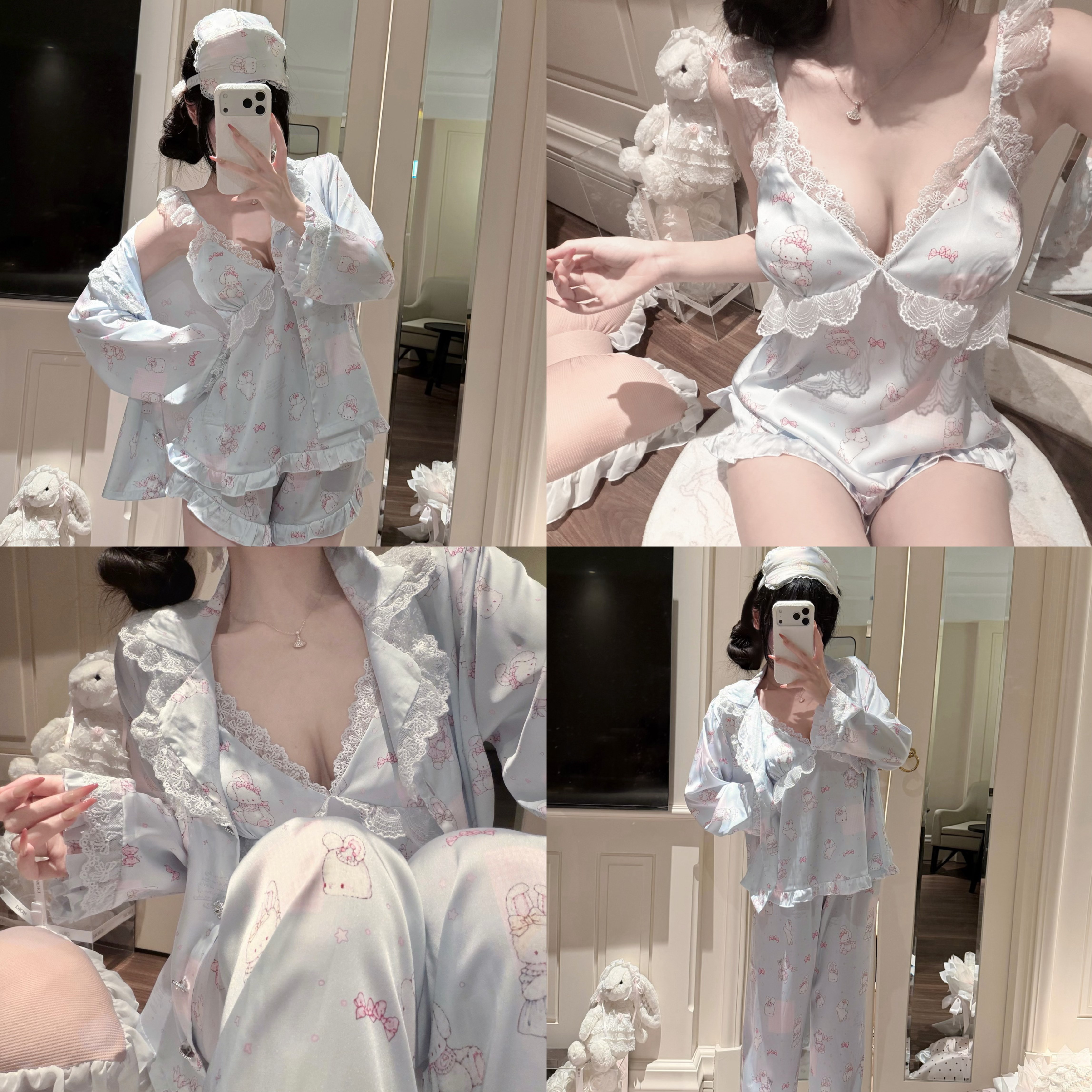 欧若拉睡衣女【甜兔茶话会】早春纯欲可爱缎面四件套家居服带胸垫