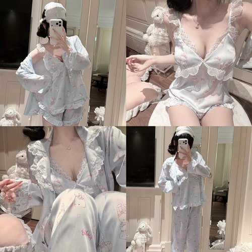 温柔纯欲缎面四件套家居服带胸垫