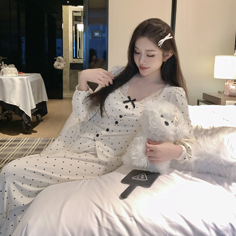 欧若拉睡衣女【云朵波点】秋冬纯欲软糯莫代尔两件套带胸垫家居服
