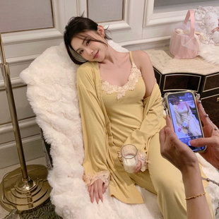小众高级感 欧若拉睡衣女 纯欲吊带仿羊绒三件套带胸垫家居服