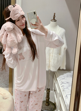 欧若拉睡衣女【兔熊茶会】秋冬软妹减龄莫代尔套头长袖长裤家居服