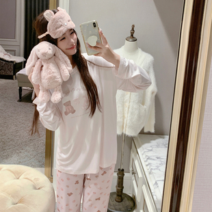 欧若拉睡衣女【兔熊茶会】春秋软妹减龄莫代尔套头长袖长裤家居服