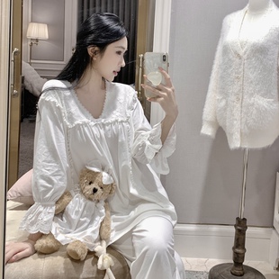 白色唯美睡衣女【栀子听雪】秋冬法式复古宫廷纯棉长袖长裤家居服