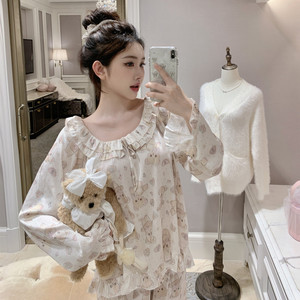 欧若拉睡衣女【绵绵咖熊】秋定制款缎面长袖长裤减龄可爱家居服