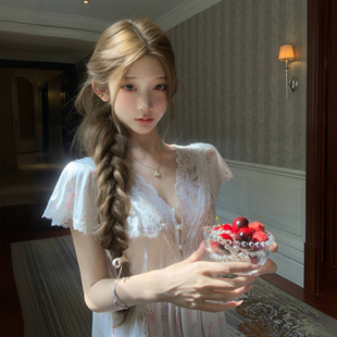 欧若拉睡衣女【仙雾花韵】法式优雅蕾丝A类贡缎长款夏日清凉睡裙